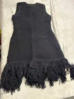 Commense Sleeveless Black Knit Fringe Dress